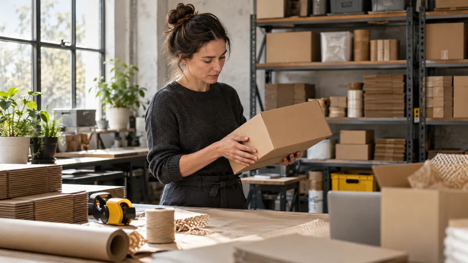 Commerce worker preparing a customer parcel in a fulfilment workspace