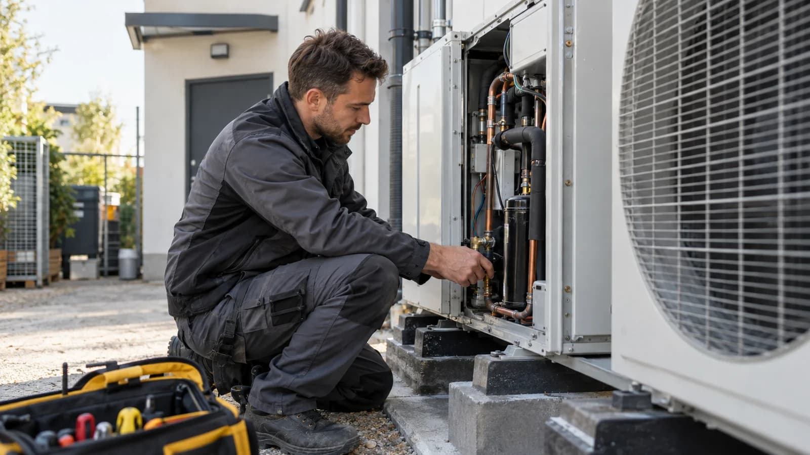 Service technician inspecting an outdoor air-conditioning unit