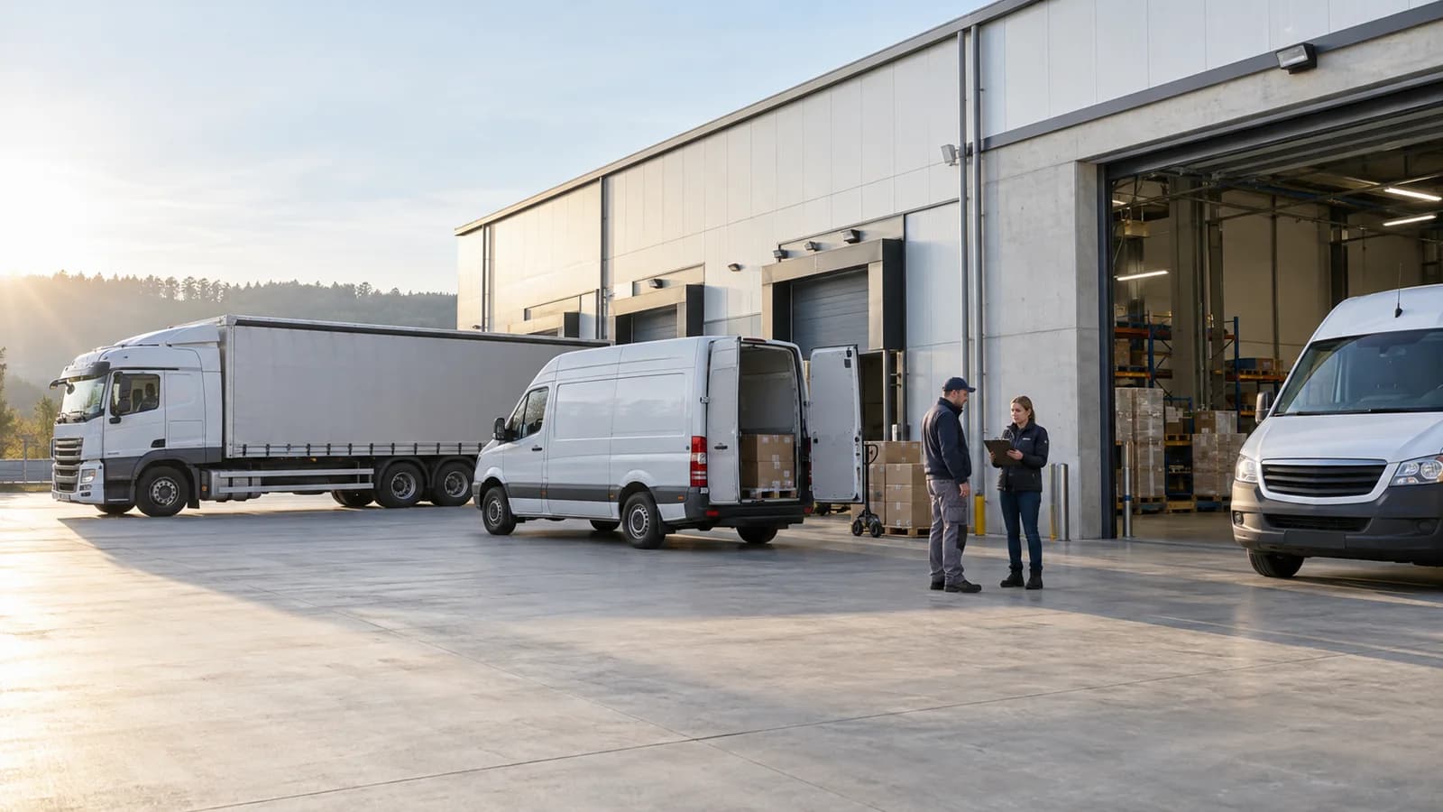 Transport colleagues coordinating pickups beside white vehicles at a loading hub