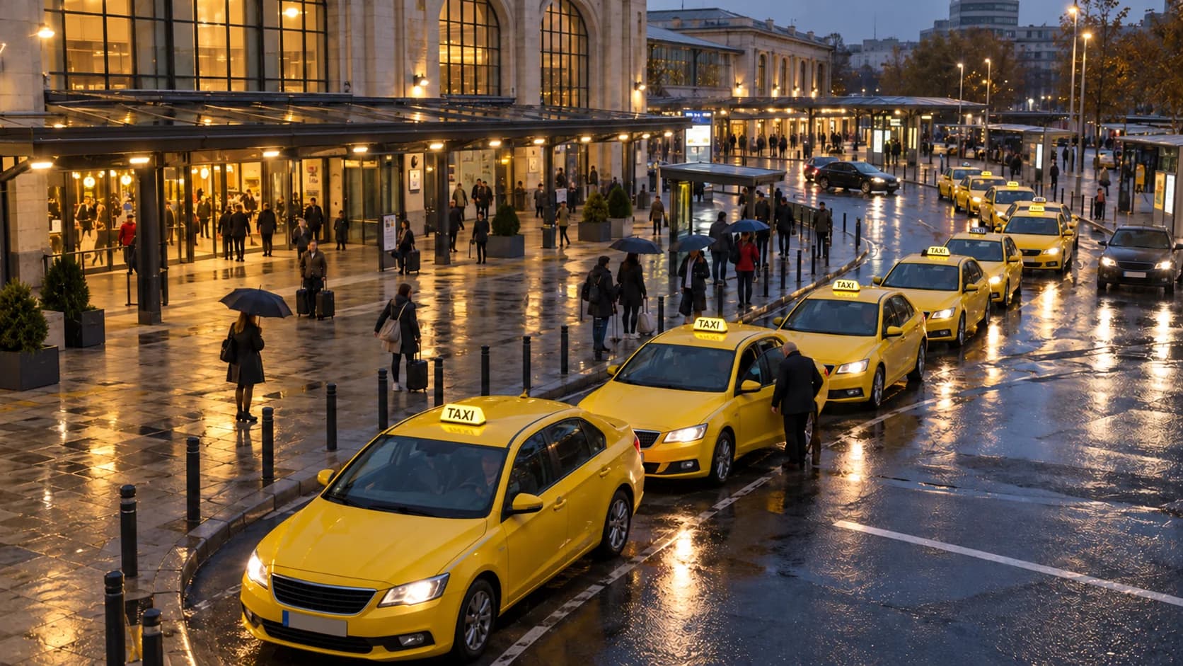 A busy city taxi service with yellow cars available for the next pickup