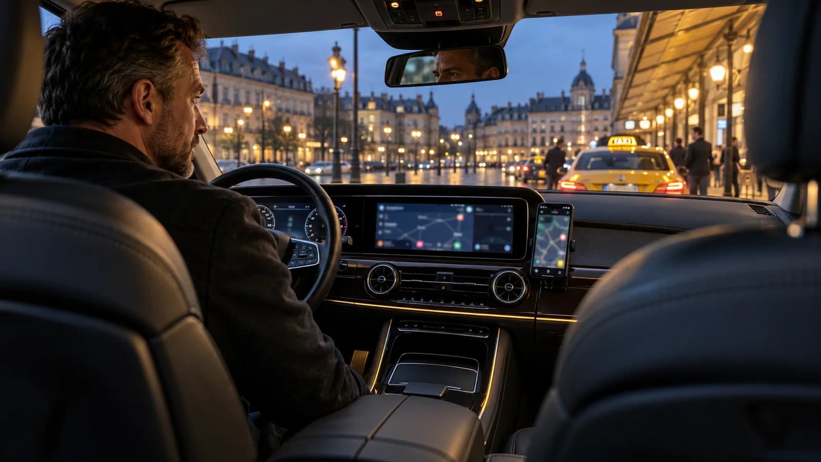 A parked taxi with a professionally mounted driver phone and a connected in-car display