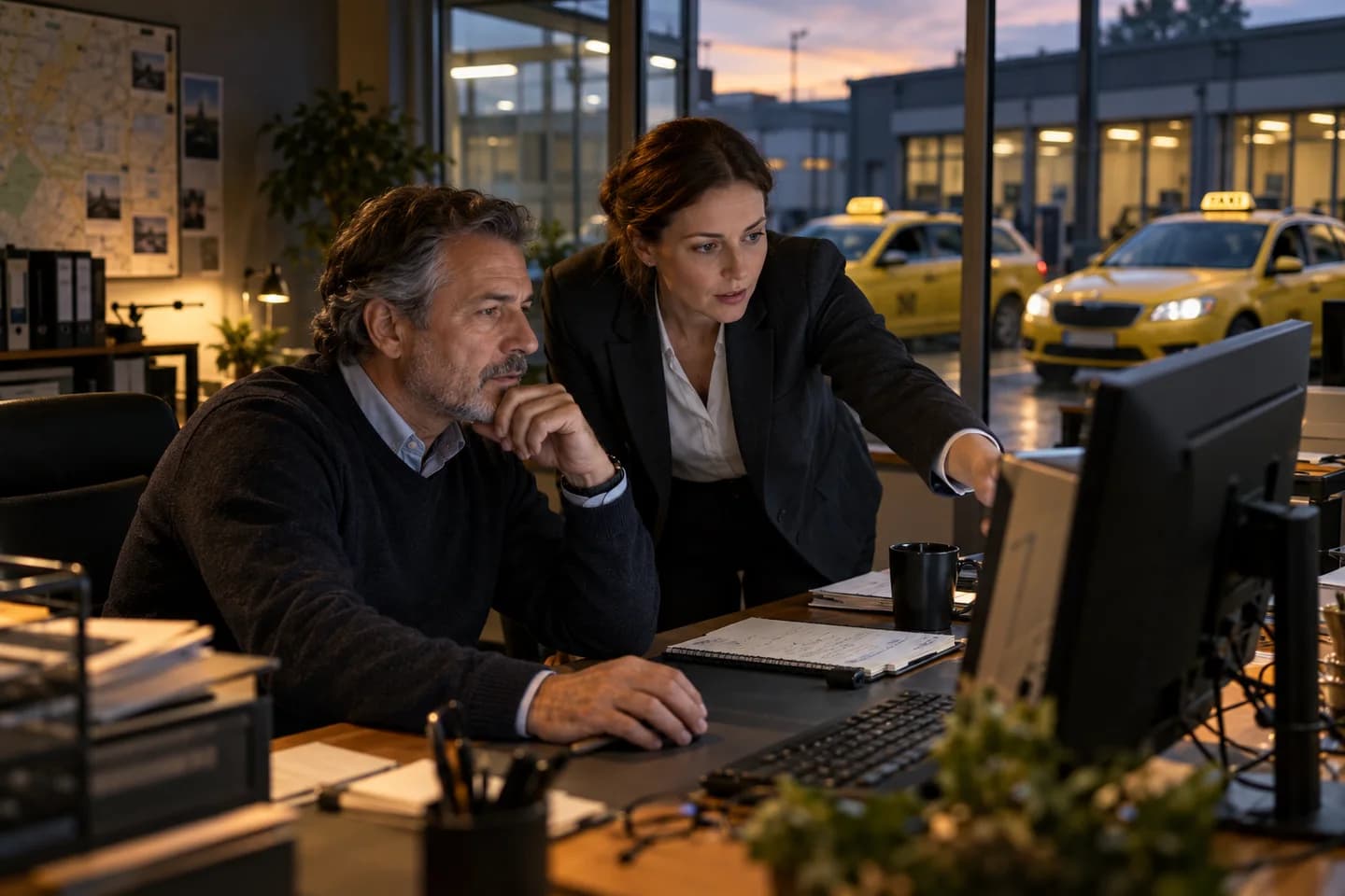 An established taxi company owner reviewing an integration with a specialist at the depot