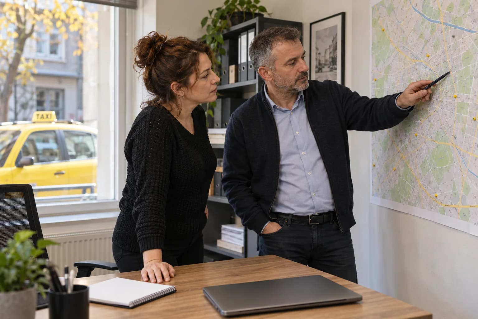 Taxi operations managers reviewing service coverage and planning improvements