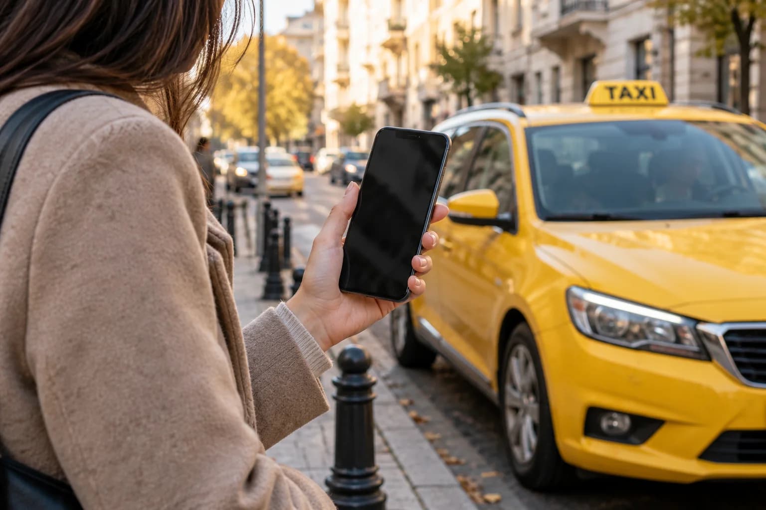 A passenger preparing a booking on a phone with a yellow taxi nearby
