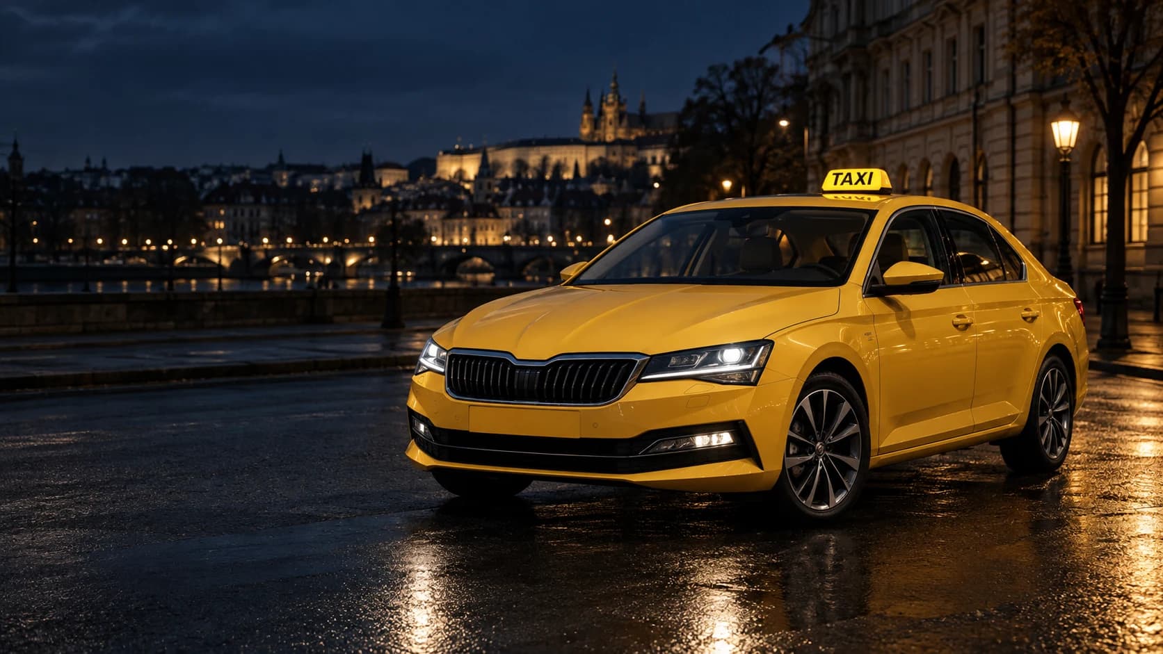A classic yellow taxi with an illuminated roof sign on a European city street at dusk