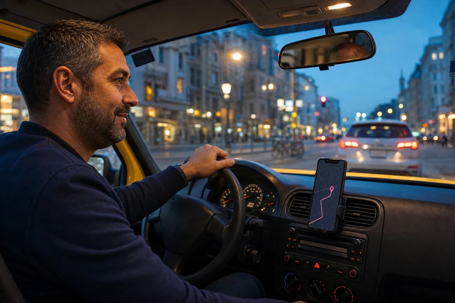 Taxi driver using the Calltropic Dispatch in-car mobile app