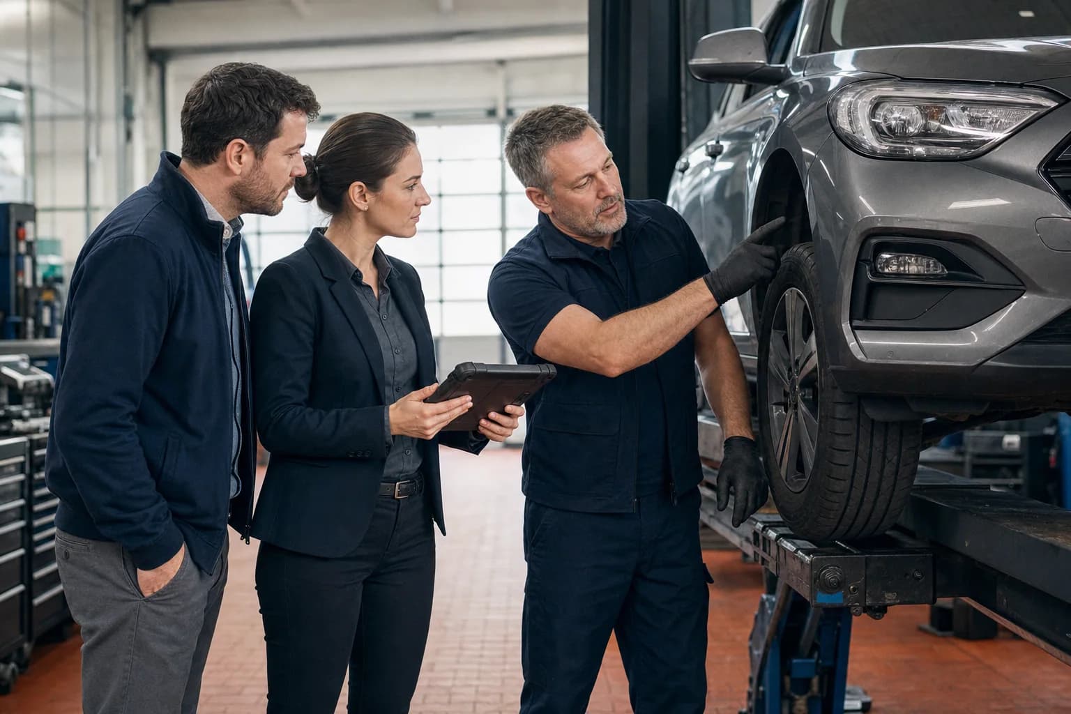 Mechanic and service adviser inspect a customer's vehicle in the workshop