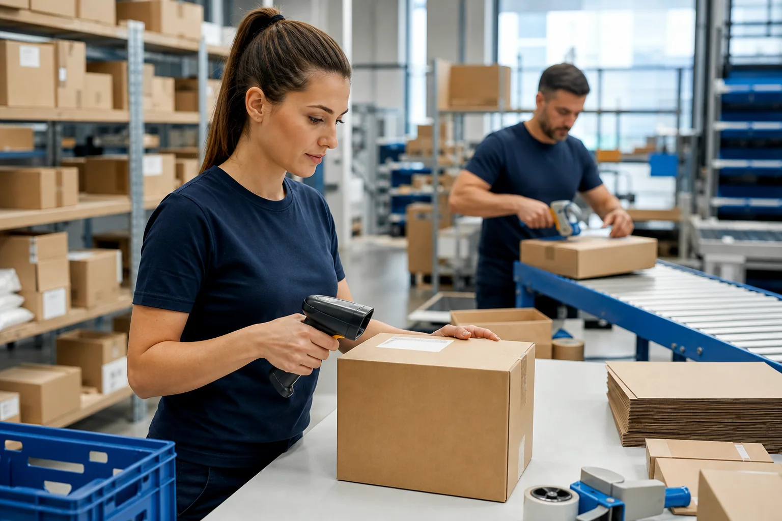 Fulfilment worker scans a parcel beside an active packing line
