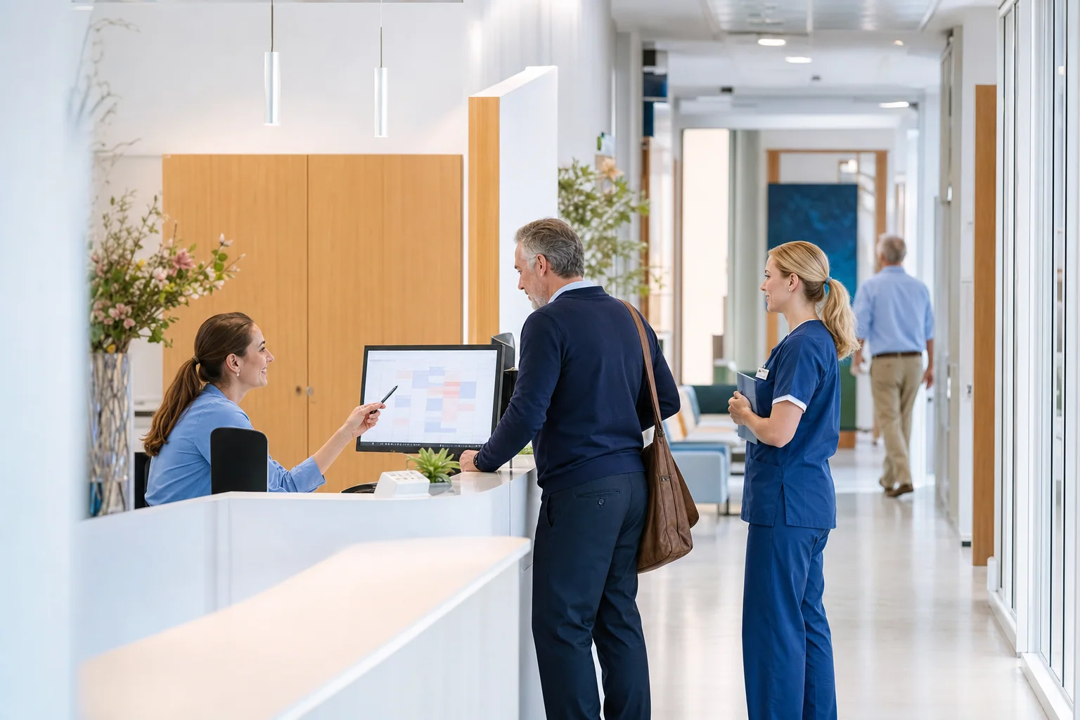 Patient checks in for an appointment while a nurse prepares to guide him