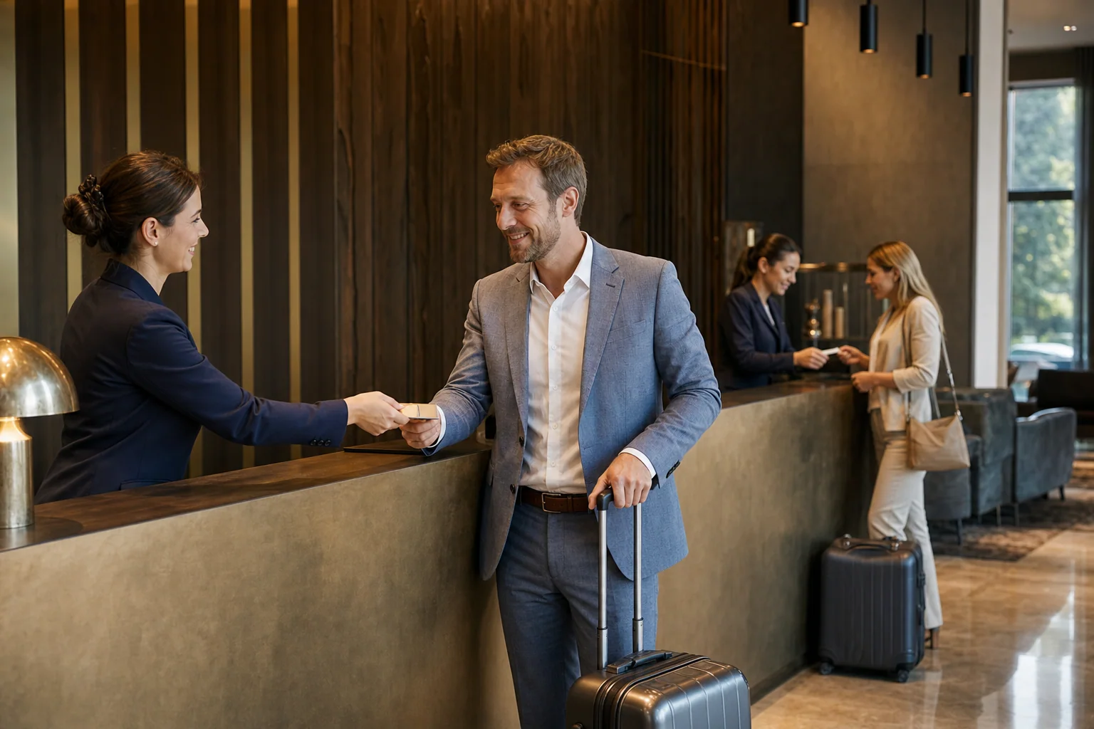 Hotel guest with luggage receives a room key during check-in