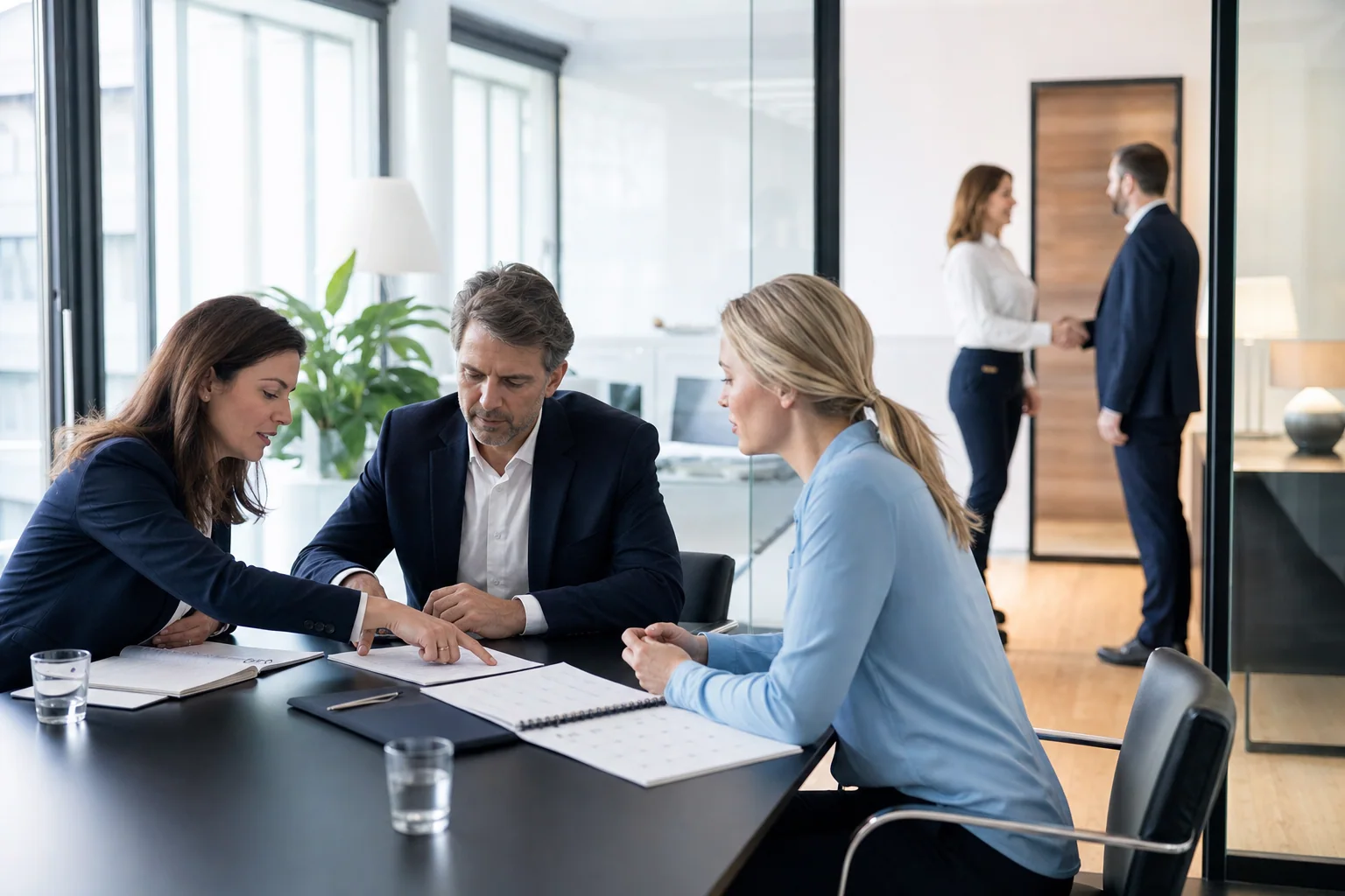 Professional advisers review a plan with a client during an office consultation
