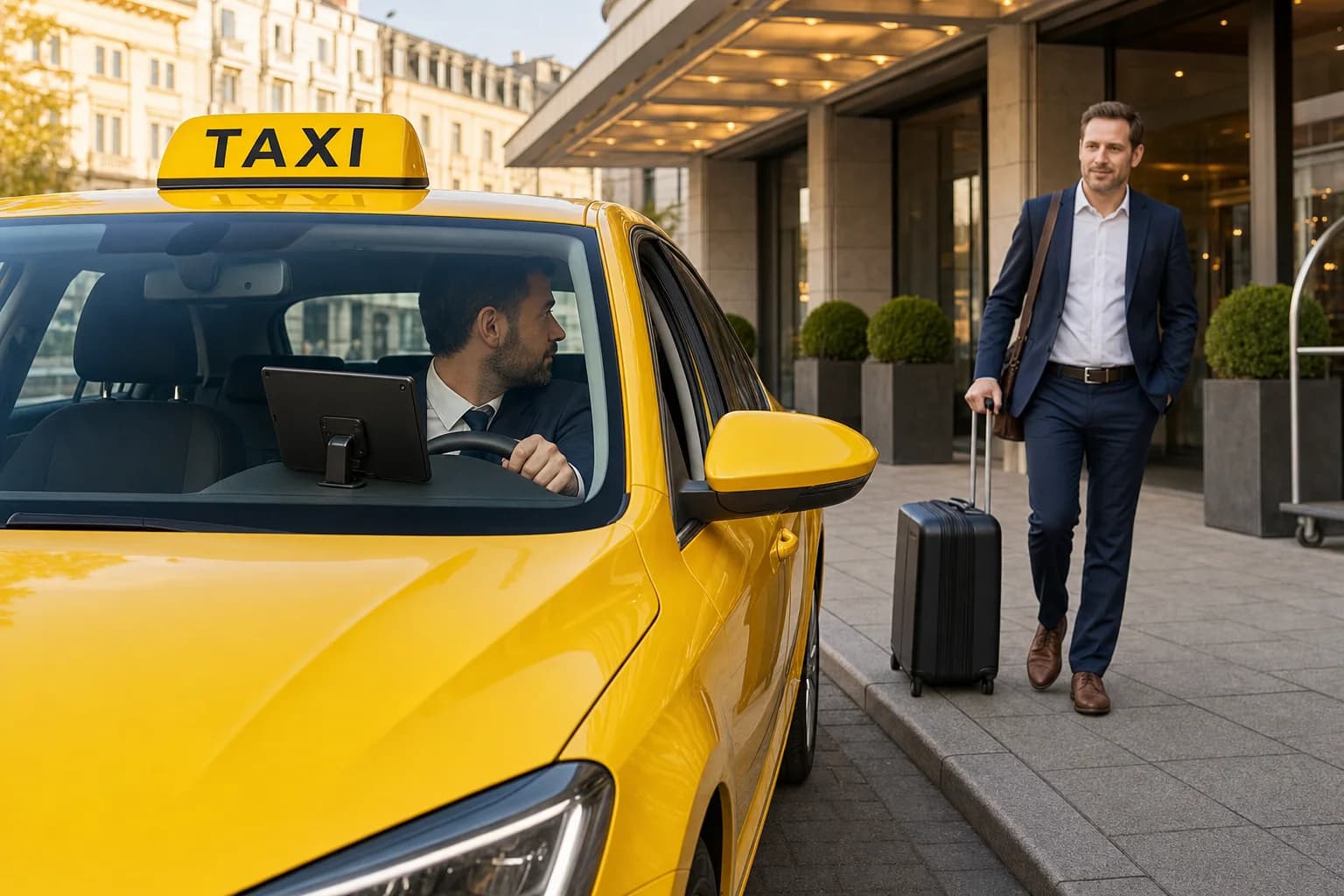 Driver in a yellow taxi receives a passenger pickup route as a traveller approaches with luggage