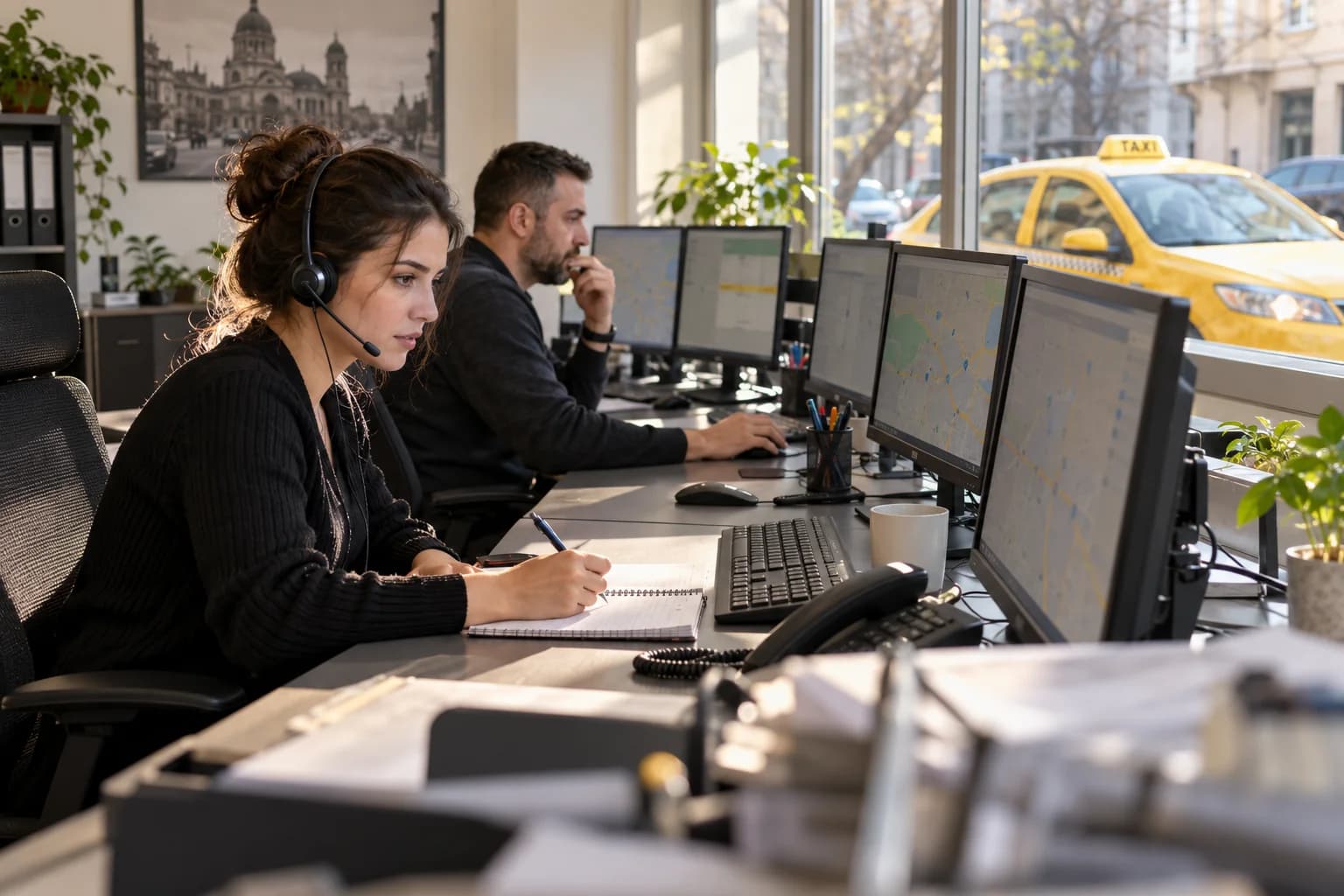 A professional dispatch team coordinating a taxi service