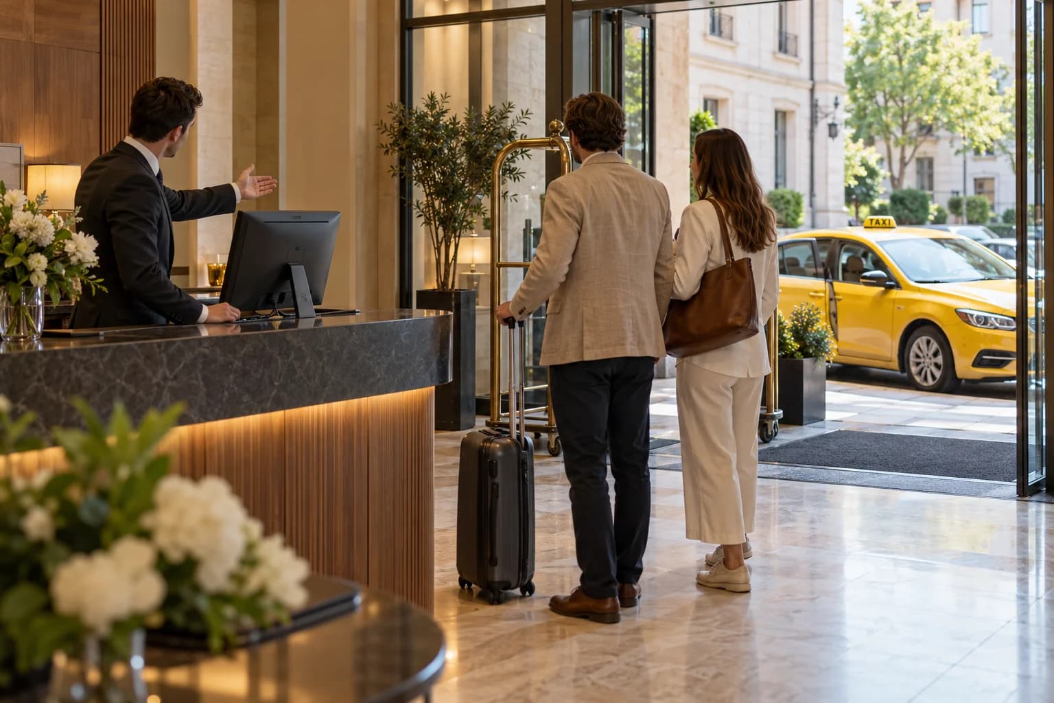 A hotel concierge welcoming a passenger with a yellow taxi outside